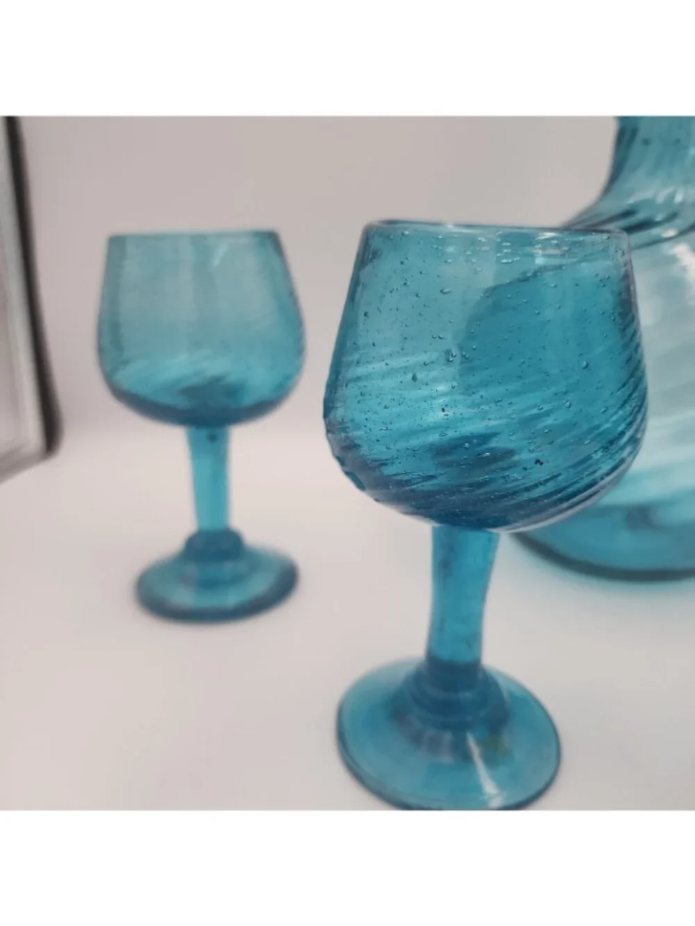 DECANTER SET Handblown Torquise Blue Glass 5 Stemmed Glasses 1970s